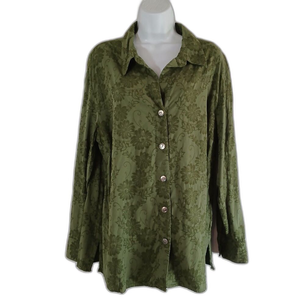 Croft And Barrow Shirt Women Button Green Floral sz XL office wear casual cottag